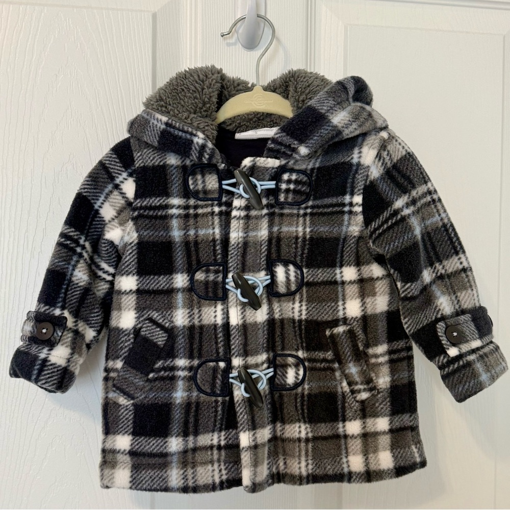 Plaid Hooded Kids Jacket.  Fleece hoodie. Size 3/6M